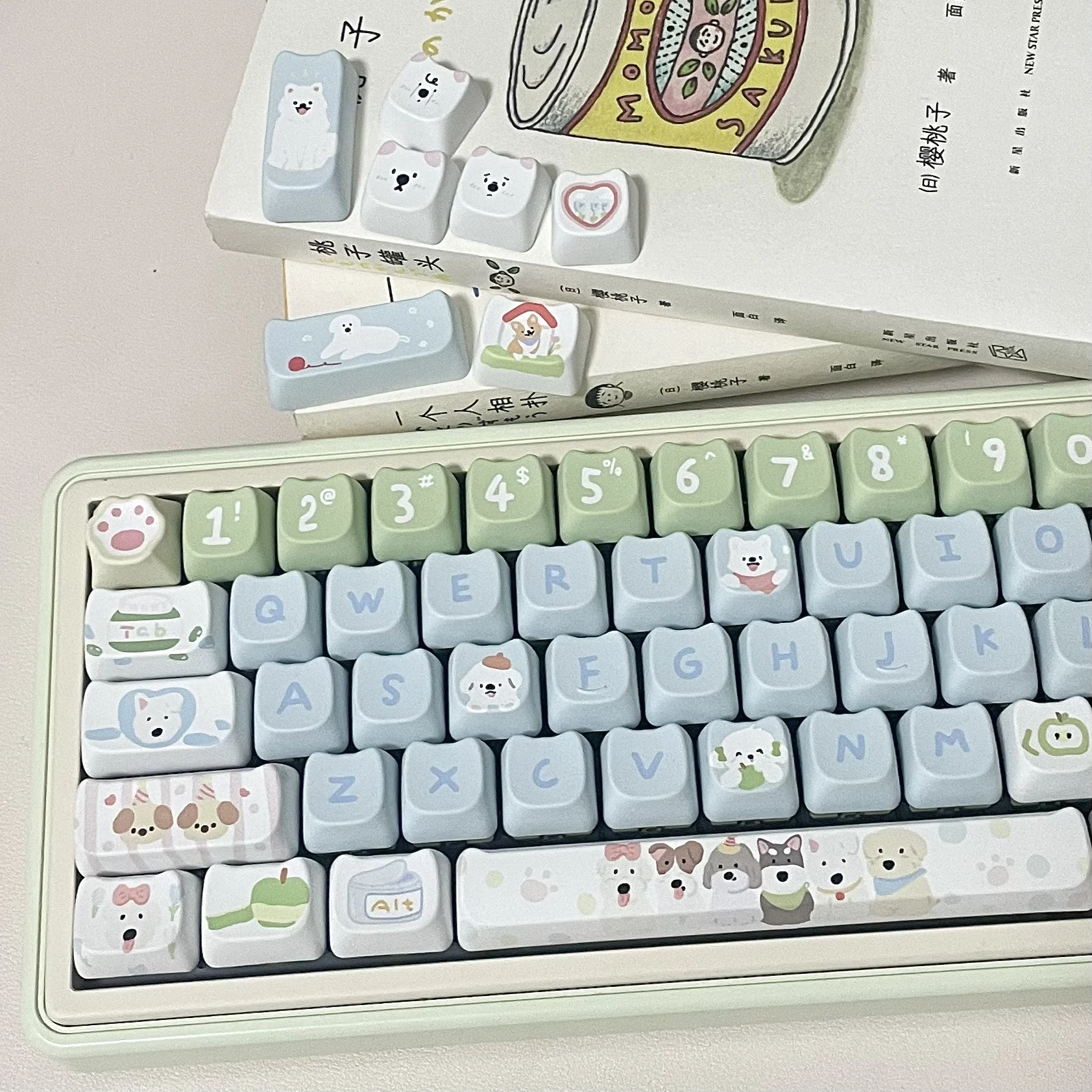 

Oxygen Puppy MAO Cute Keycap Pbt Full Five-Sided Sublimation Bark Puppy Blue Green Mechanical Keyboard DIY Keycaps