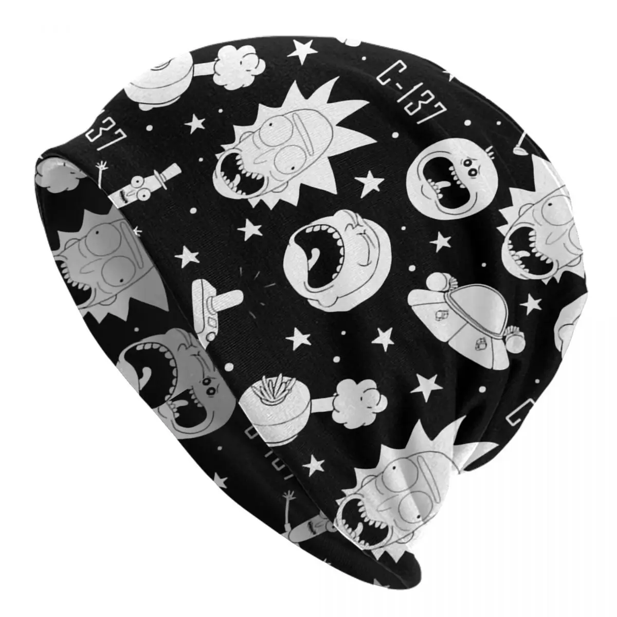 أبيض وأسود ريك ومورتي الرجال النساء الكبار بيني قبعات محبوك بونيه قبعة دافئة موضة الخريف الشتاء في الهواء الطلق Skullies القبعات