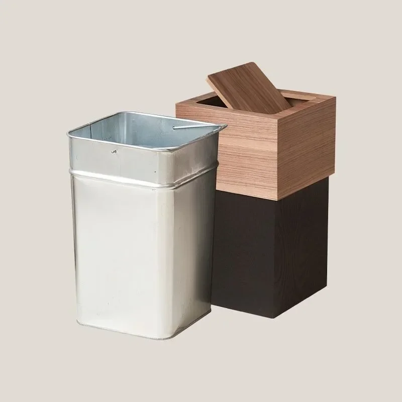 New Wooden Waste Bins Lidded Wastebasket Anti Odor Dustbin Lid-swinging Waste Bins Living Room Trash Can Household Cleaning