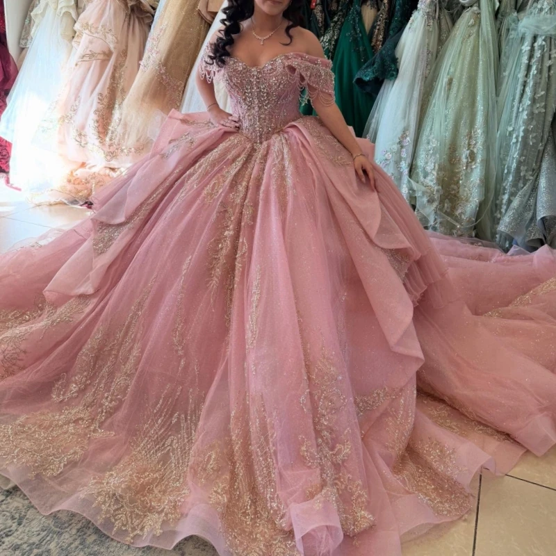 

Pink Shiny Quinceanera Dresses Ball Gown Off The Shoulder Applique Lace Bow Beading Tull Corset Sweet 16 Dress Vestidos 15 De