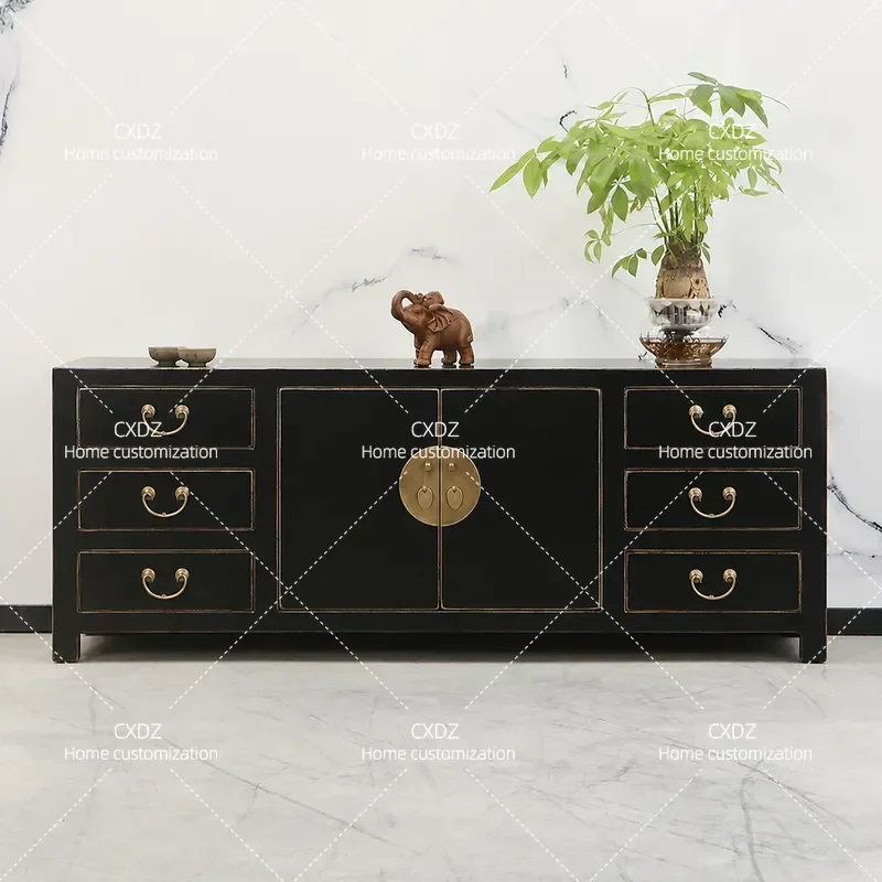 New Chinese Style Antique Simple TV Cabinet Living Room Solid Wood Floor Storage Low Cabinet Old Elm Audio Visual Console