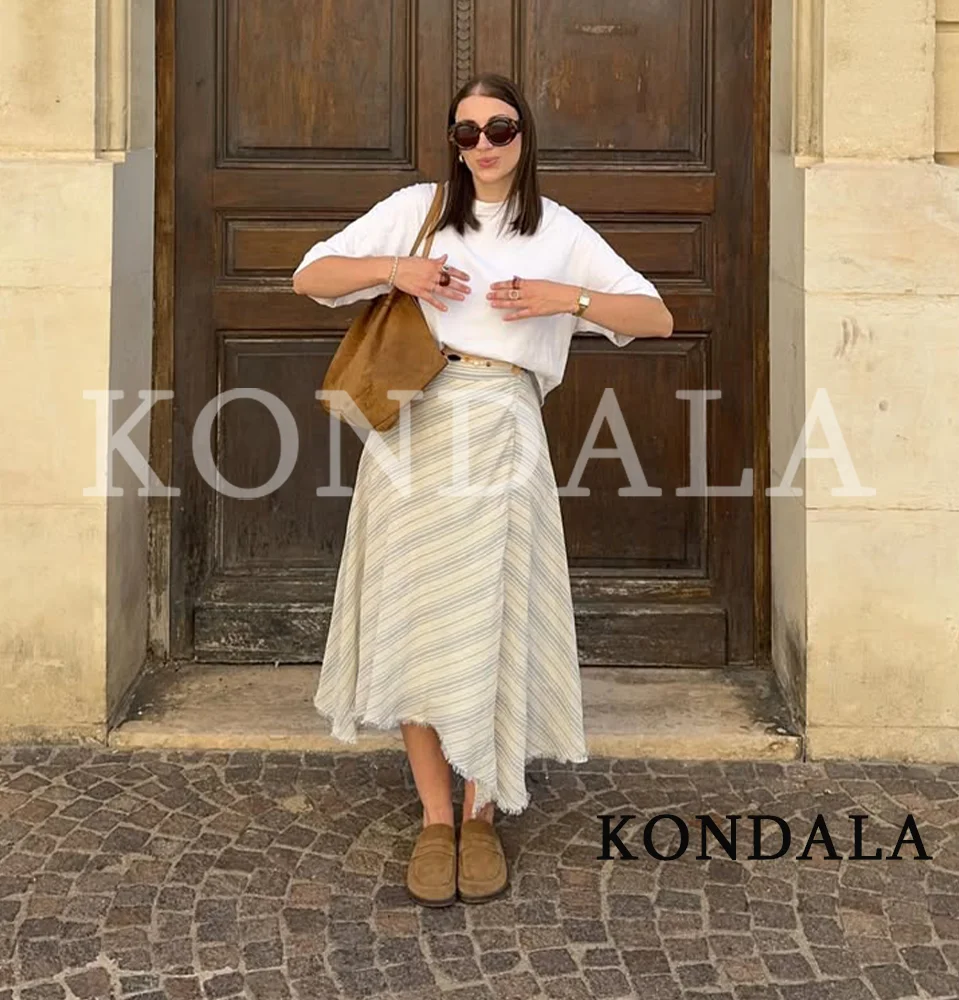KONDALA Women Casual Chic Striped Skirt Set Elegant Sleeveless Buttons Vest, Rough Hem Midi Skirt 2026 Summer Trendy Holiday Set view 3