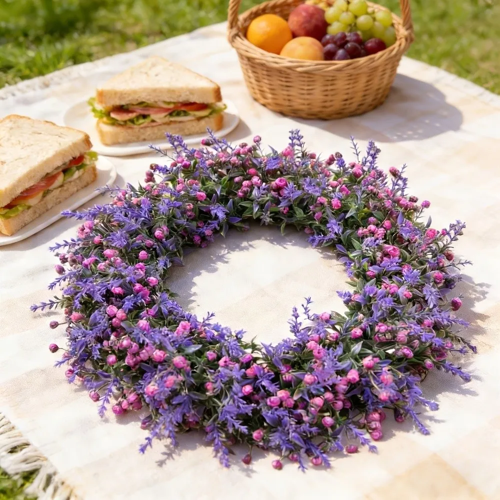 Plastic Artificial Lavender Wreath Lifelike Simulated Plant Door Hanging Wreath Faux Flowers Handmade Fake Flower Wreath