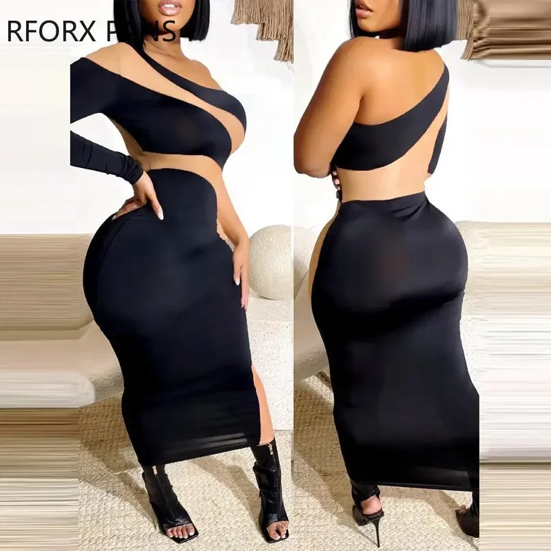 Feminino chique sólido um ombro mangas compridas retalhos bodycon maxi sexy formal vestido de festa