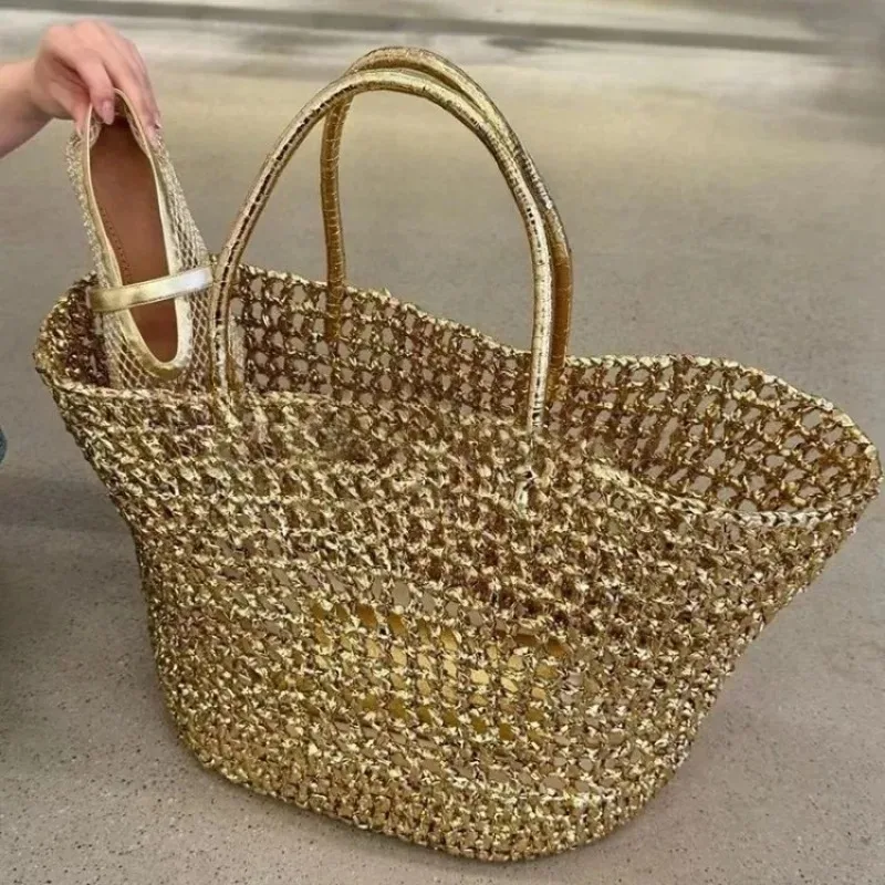 

Gold Fashion Handwoven Hollow out Tote Bag American Retro Style Women's Shoulder Bag Carryall Large Capacity Summer Beach Bag
