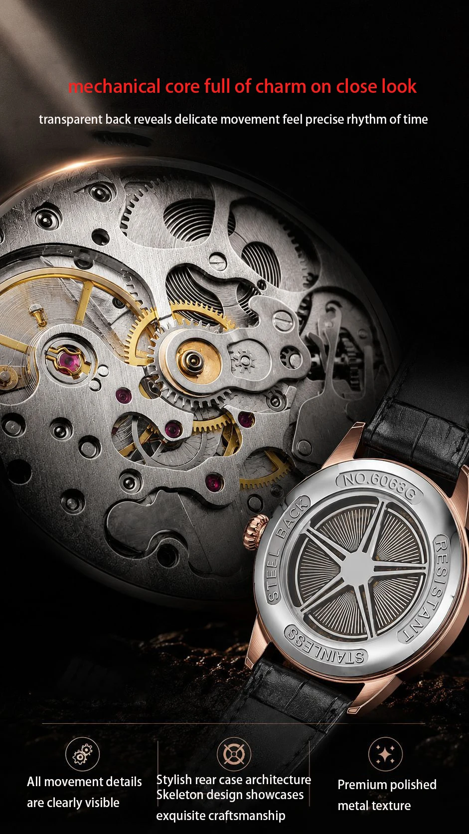Men's Automatic Great Wall Mechanical Watch Luminous Skeleton Two Hands Small Second Sub Dial 30M Water Resistant 43MM Large Dia