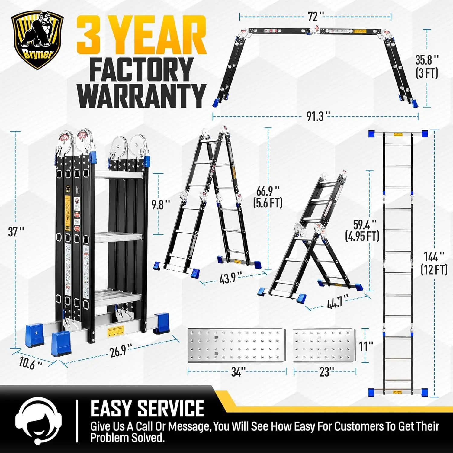 บันไดอลูมิเนียมพับได้อเนกประสงค์ 12 ฟุต, บันไดแบบยืดหดได้ 7 in 1 ปรับระดับได้ รับน้ำหนักได้ 330 ปอนด์