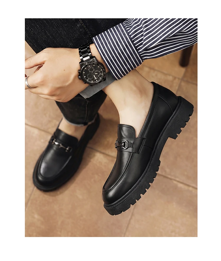 Herren-Loafer mit dicker Sohle, Metallschnalle, Slip-On-Lederschuhe, rutschfeste Plateau-Freizeitschuhe für Büro, Alltag und Party – Detail 14