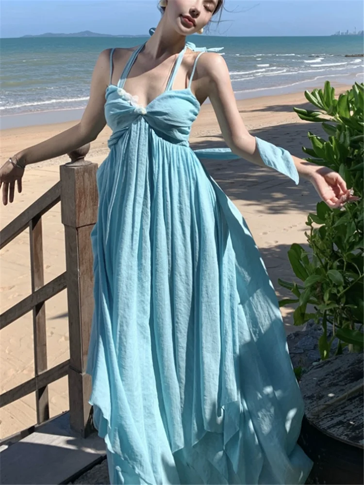 女性のためのセクシーなロングドレス,バックレス,ノースリーブ,ホルターネック,マキシ,ストラップ,休暇,ビーチ,パーティー,夏