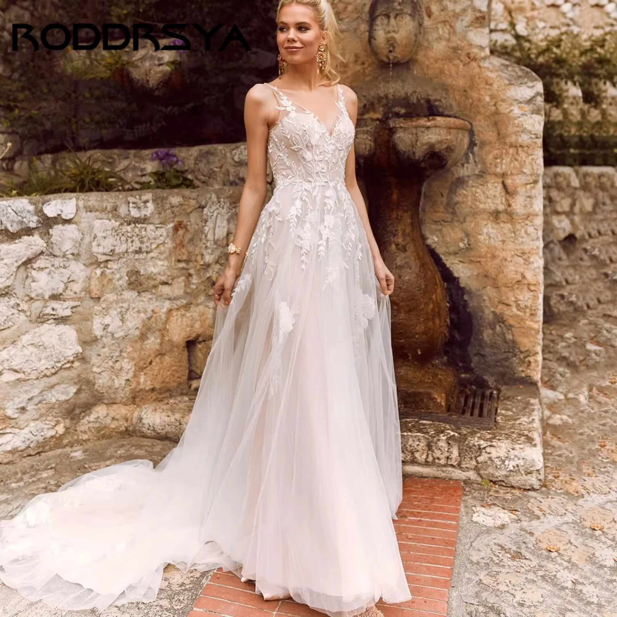

RODDRSYA Boho A-Line Wedding Dress Spaghetti Straps Applique Lace Bridal Gowns Backless Bride Dress vestidos de novia Customized