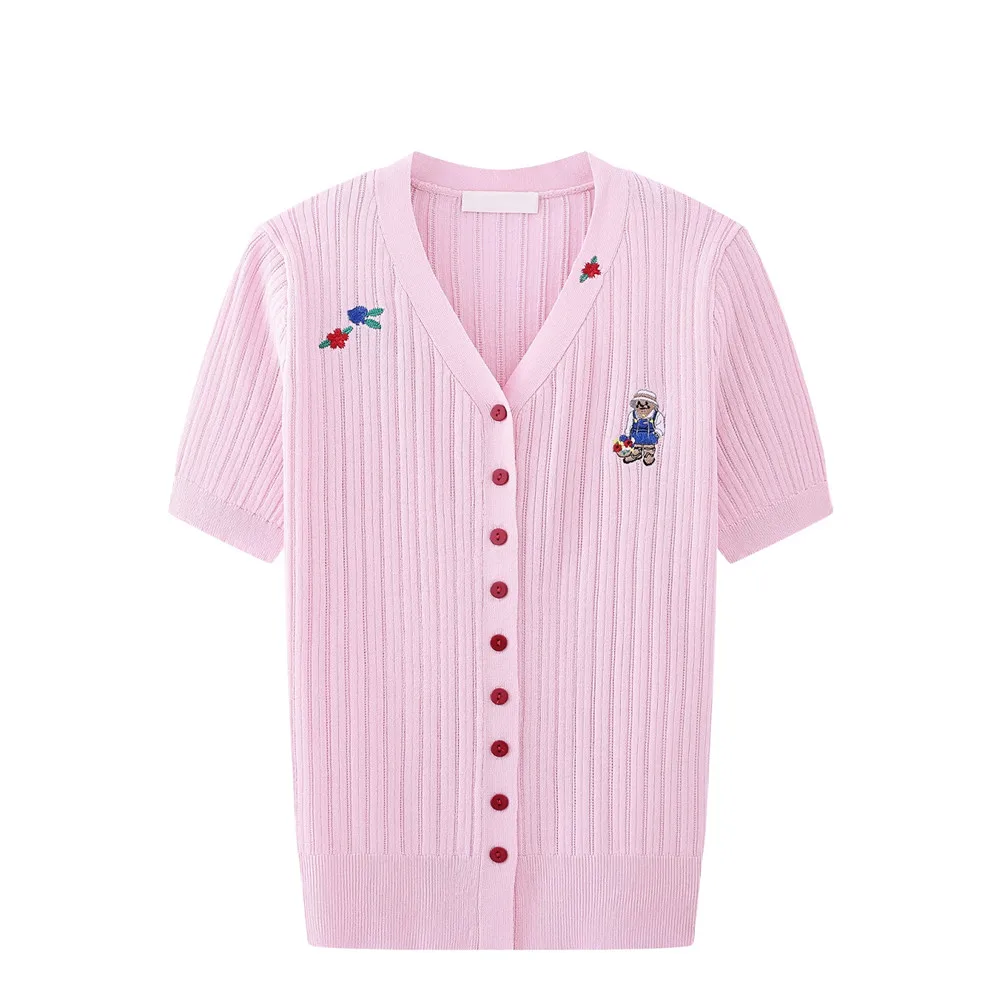

Korean Fashion V-neck Short Sleeve Knitted Cardigan Women's Tshirt Summer Fashion Embroidery Cartoon Knitted Female Tops 2025