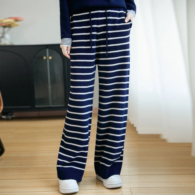 Autumn Winter New Fashion High Quality 100% Merino Wool Loose Knit Stripe Wide Leg Drop Straight Trousers Elastic Waist Pants