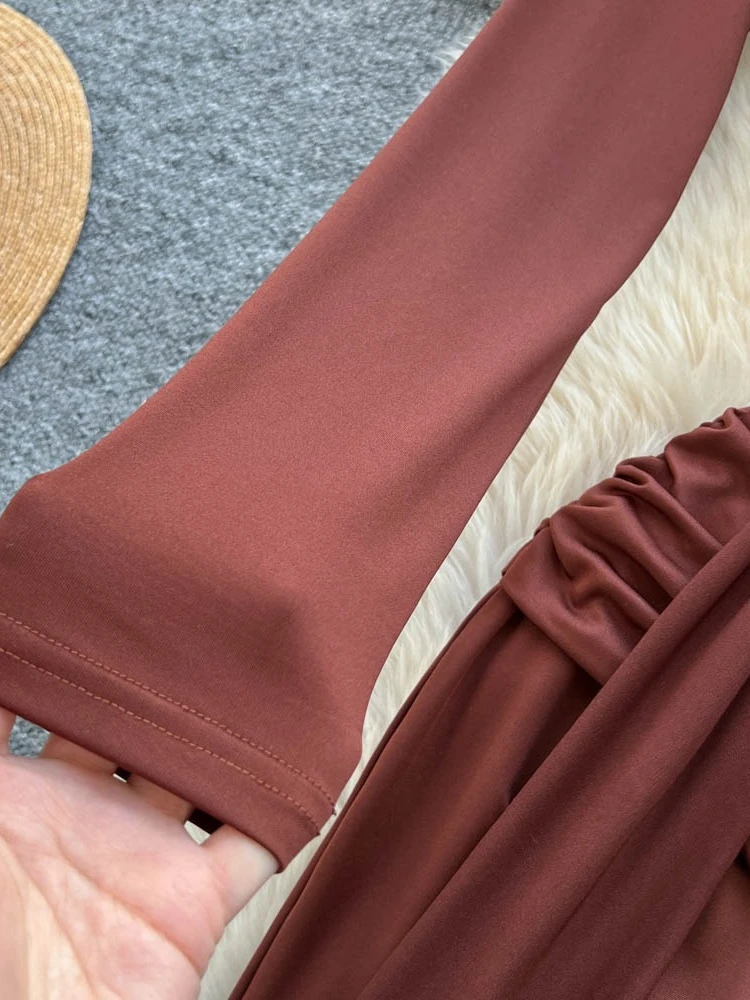 Foamlina Elegant Solid Long Sleeve Formal Evening Prom Dress with Cut Out&Ruched Design Slim Bodycon Maxi Gown for Wedding Party