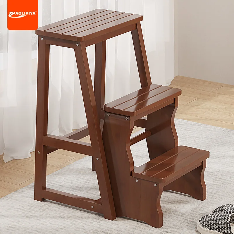 AOLIVIYA Ladder Stool Multi-functional Dual-purpose Ladder Chair Household Folding Ladder Indoor Wooden Three-step Stairc