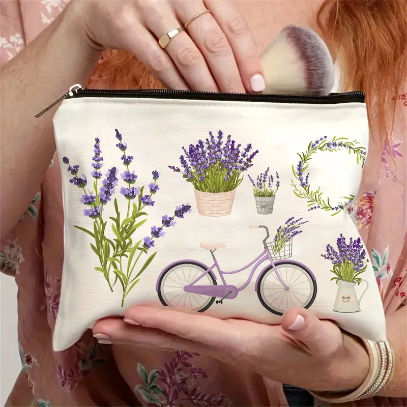 A Purple lavender flower wreath patterned makeup bag- multifunctional zipper pouch, jewelry storage bag, perfect travel zipper s