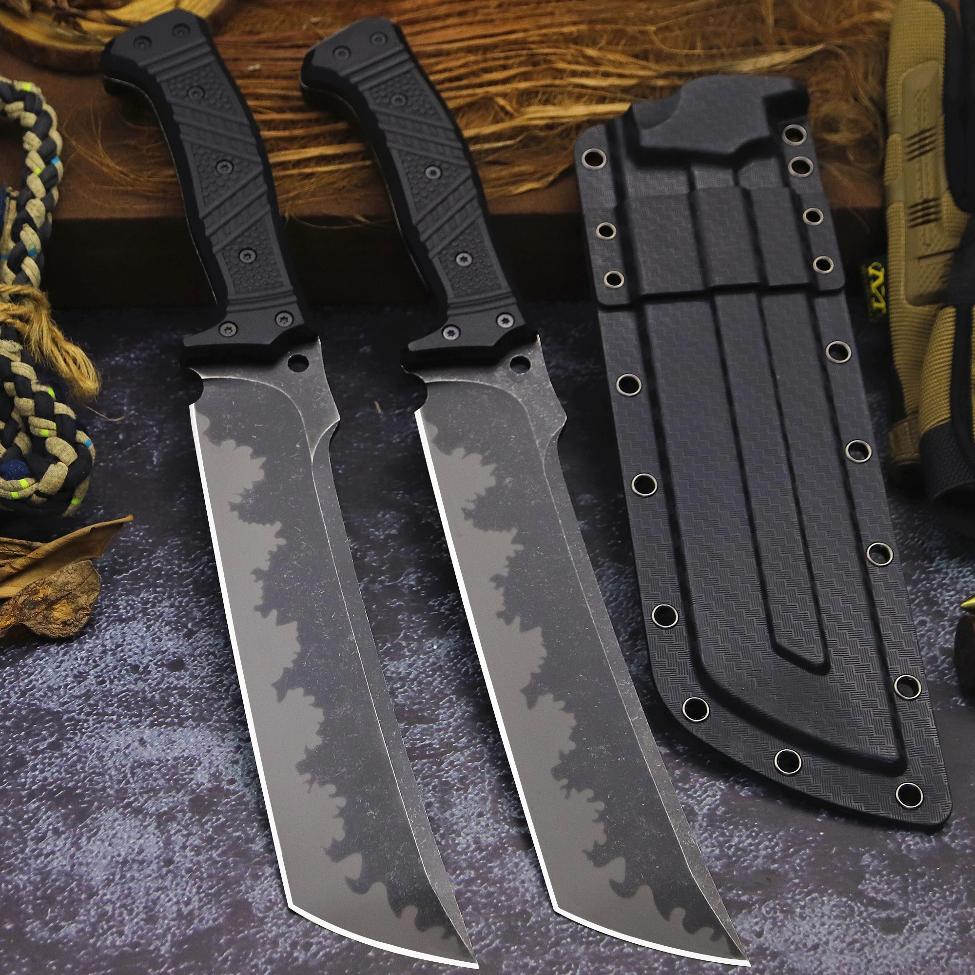 DC53 All Tang Hunting Tactics Straight Knife, outdoor multi-purpose EDC tool knife + sheath, jungle survival knife