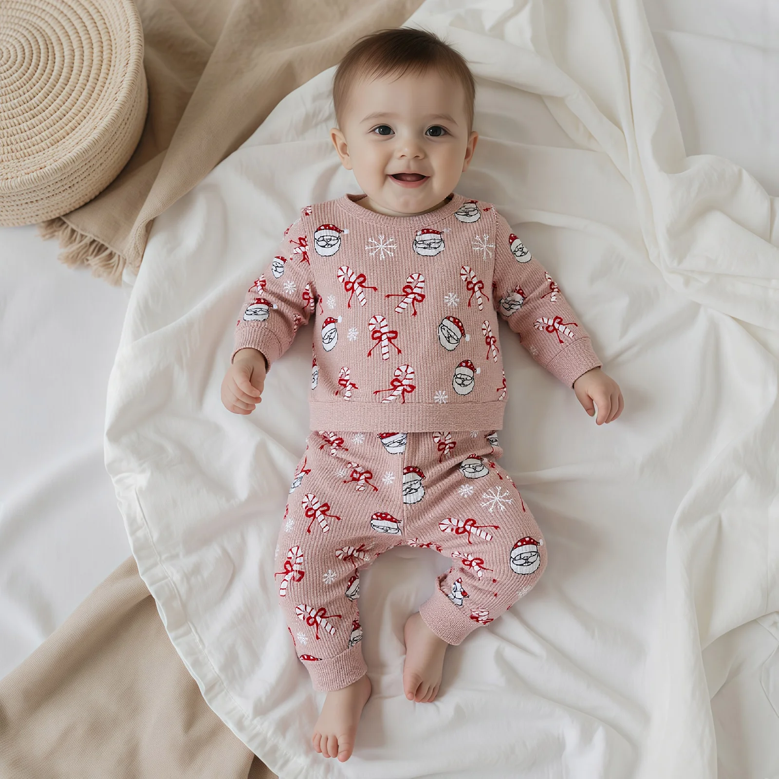 2026 السنة الجديدة عيد الميلاد طفلة 2 قطعة ملابس عيد الميلاد طويلة الأكمام سانتا كاندي قصب طباعة البلوز فستان أطفال مع سروال داخلي طفل الملابس