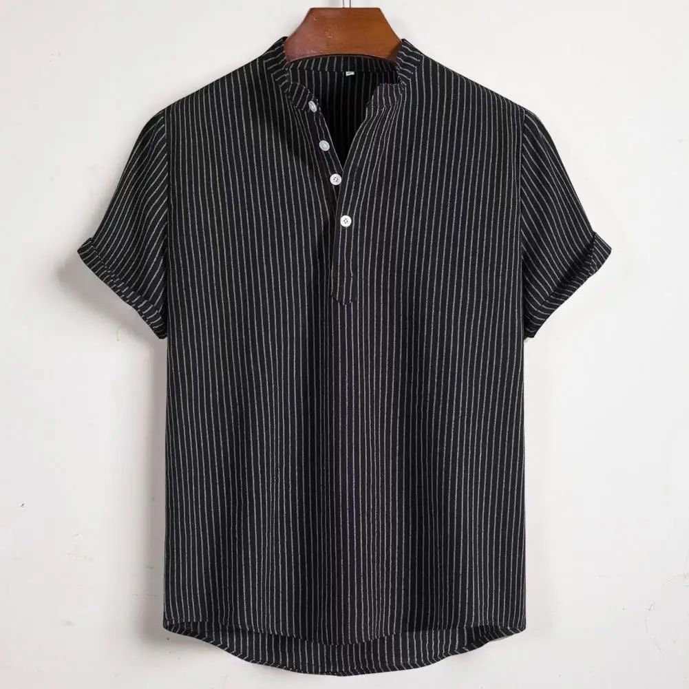 Men Summer Shirt Solid Color Stand Collar Men T-shirt Loose Buttons Short Sleeves Men T-shirt Simple Style Mid Length Men Top