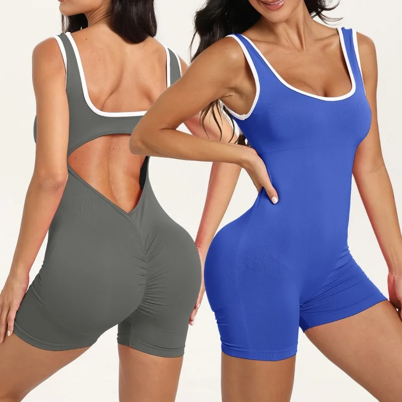 

Color Block Jumpsuit Built in Bra Low Back Cut Out Design Sexy Knitted Yoga Bodysuit Women One Piece Workout Gym Fitness Wear