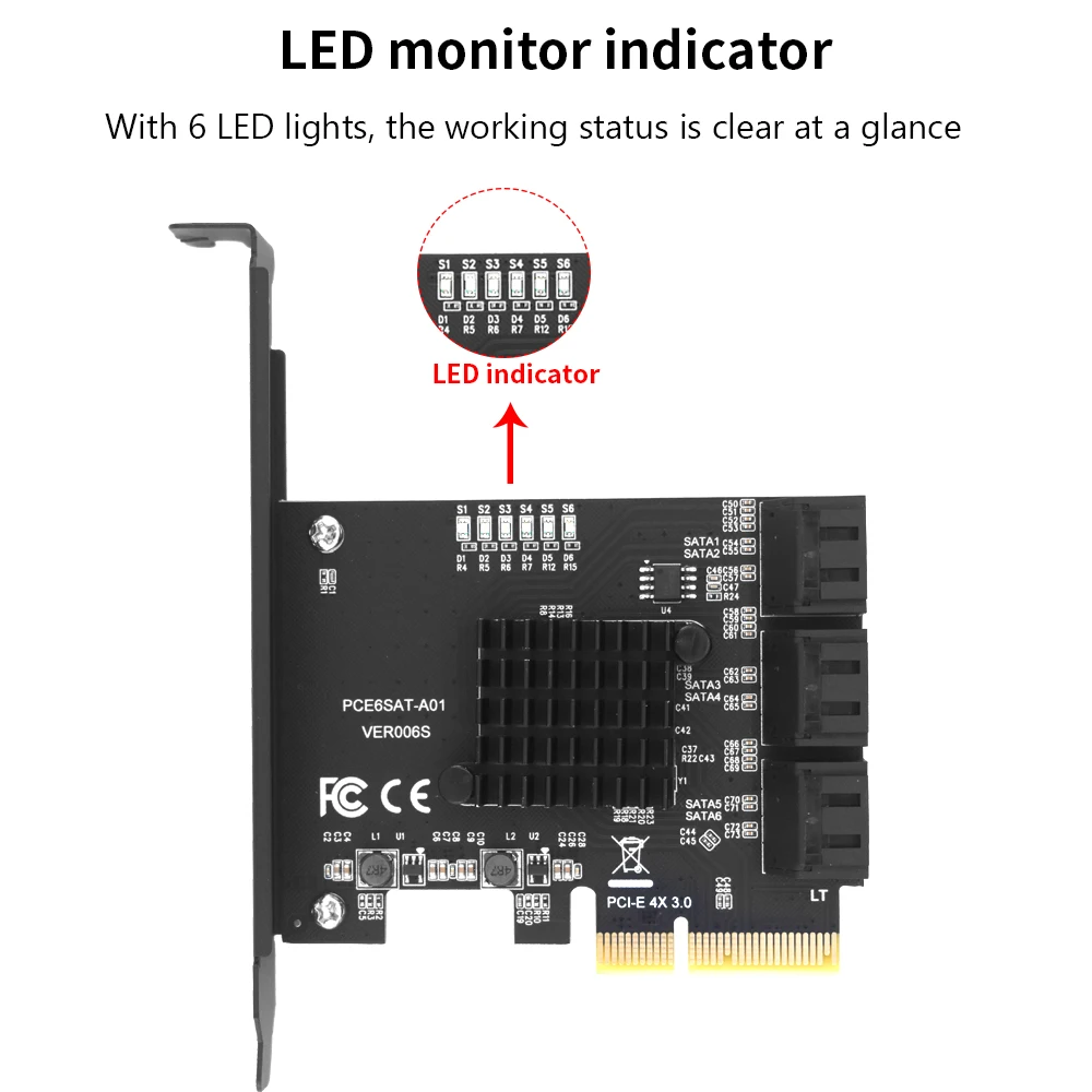 TISHRIC PCIE 4X To 6 Ports SATA 3.0 6 Gbps Expansion Card Pcie Splitter Controller PCI-Express 4x 8x 16x Add On Card for HDD SSD