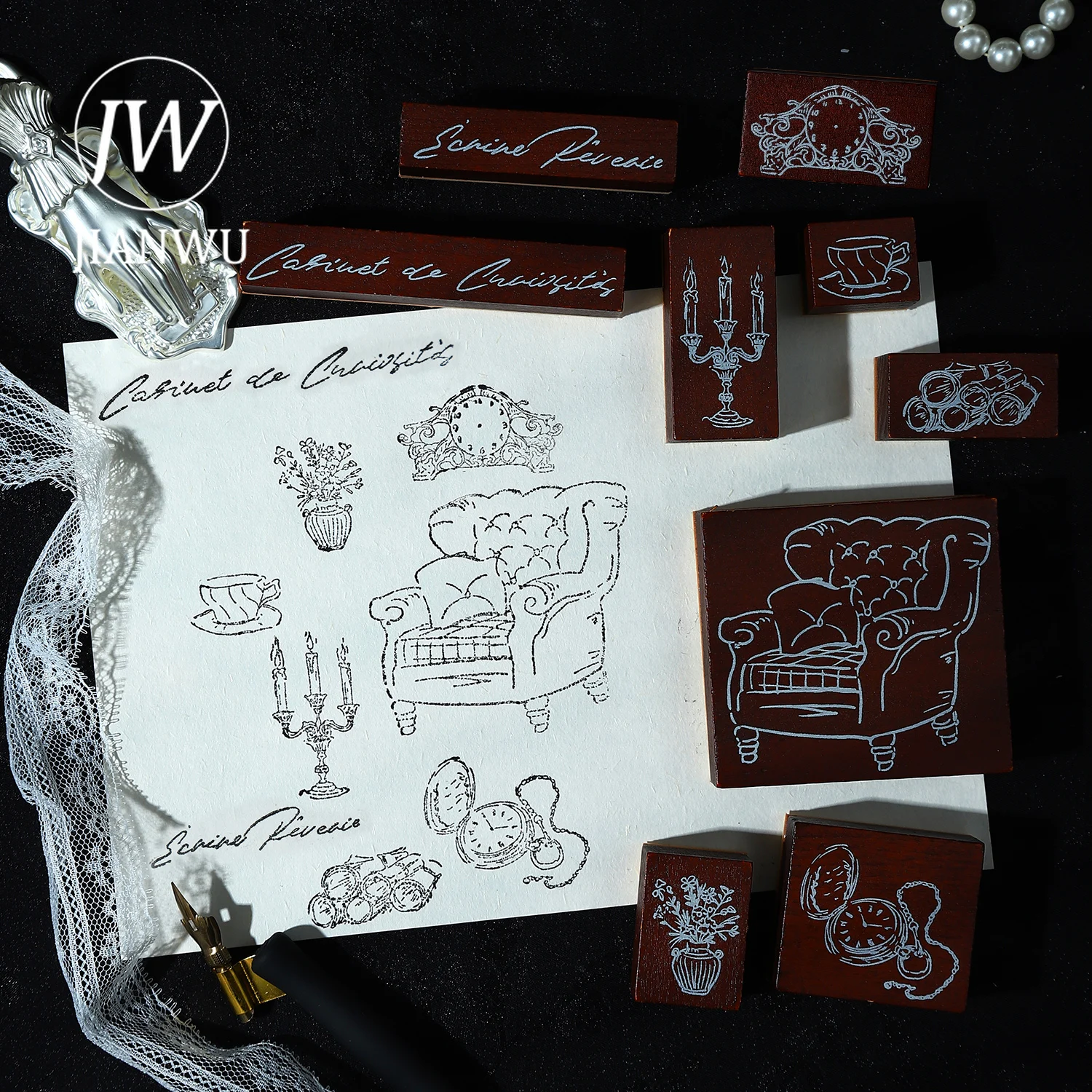 JIANWU الثمينة اليسار على سلسلة الورق ساعة خمر أريكة زهرة المشهد الكولاج ختم خشبي الإبداعية DIY مجلة القرطاسية #4