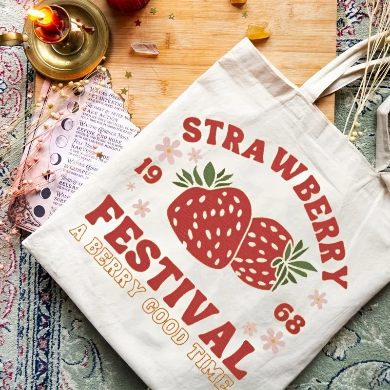 Fashion Double-sided STRA WBERRY FESTIVAL Strawberry Printed Canvas Bag Large Capacity Tote Bag Shopping Single Shoulder Bags