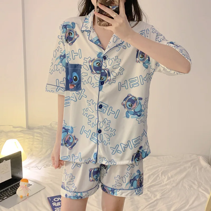 Pajamas Women\'s Summer New Cute Cartoon Stitch Short-sleeved Shorts Lapel Cardigan Thin Pajamas Home Service Suit