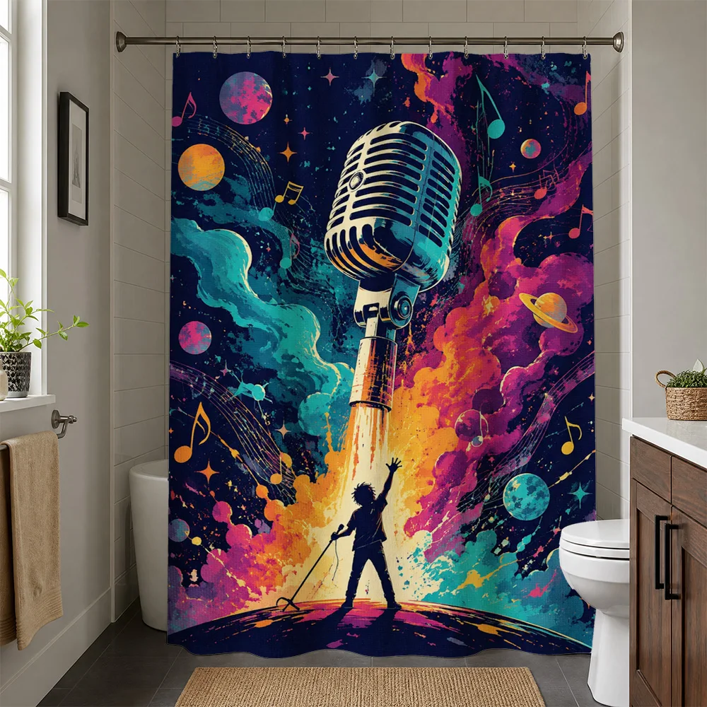 Retro Music Studio Pop Art Shower Curtain Vibrant Cosmic Microphone Shower Curtain Bathroom Decor