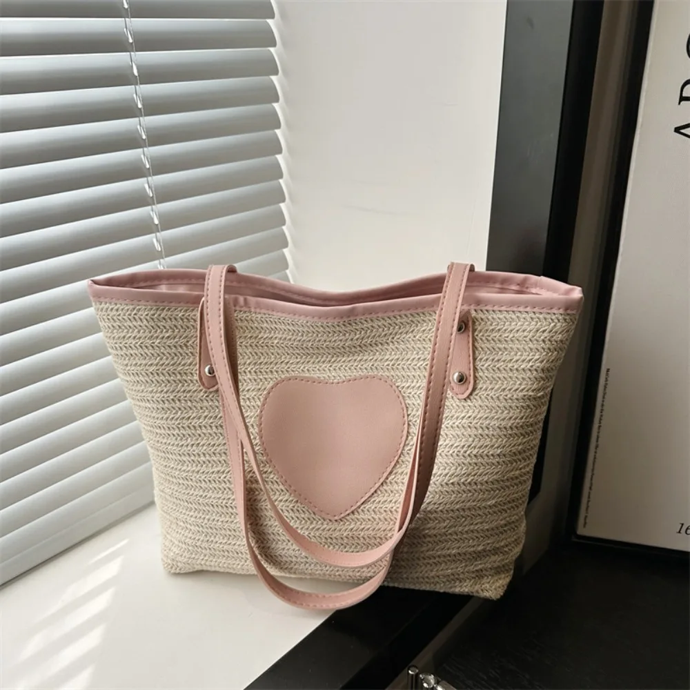 

Summer Contrast Color Beach Straw Bag Lightweight Zipper Shoulder Bag Square Large Capacity Casual Handbag
