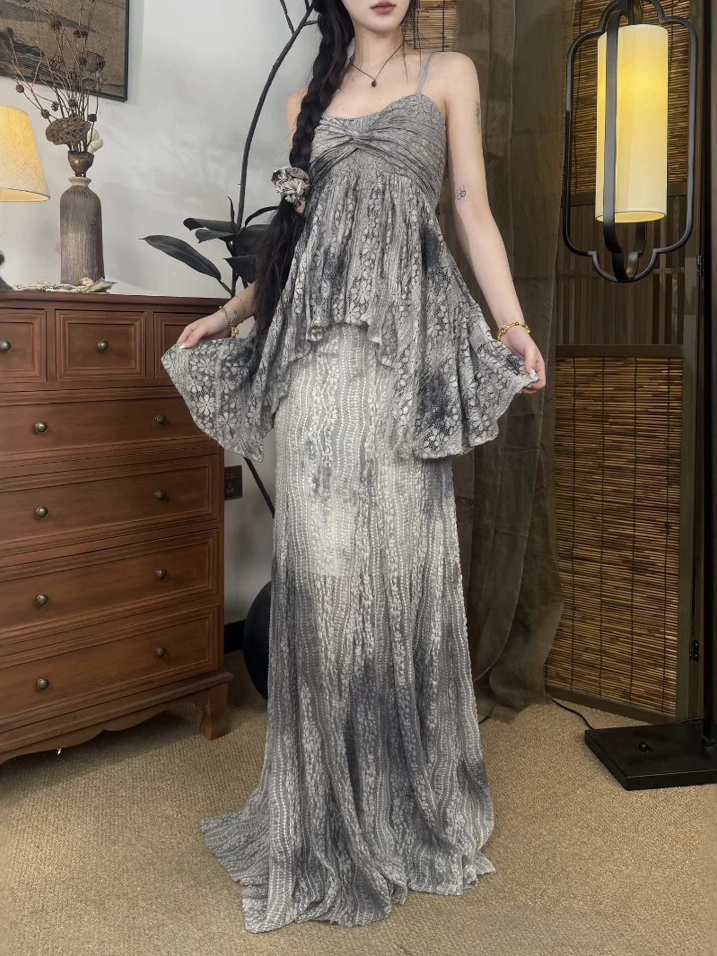 

Нежный летний женский комплект из хлопка с длинным кружевом и коротким рукавом, круглым вырезом, в традиционном стиле