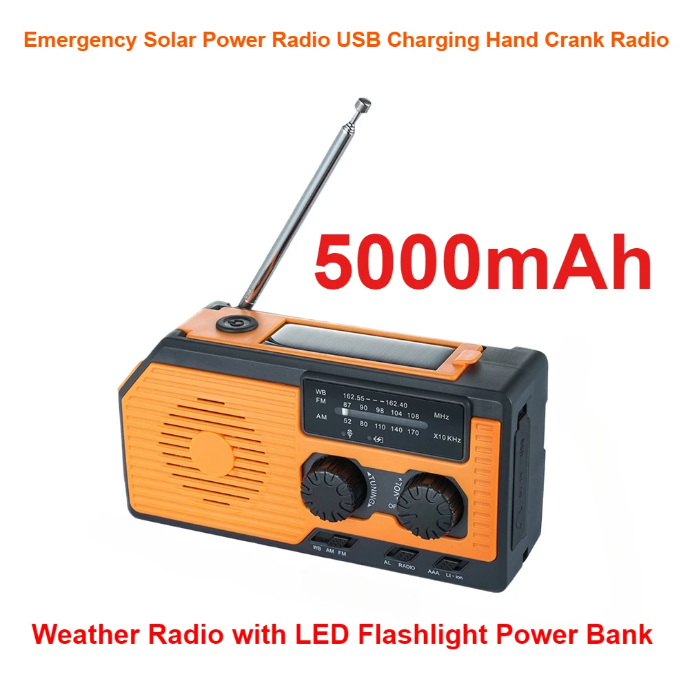 

Weather Radio with LED Flashlight Power Bank 5000mAh Emergency Solar Power Radio USB Charging Hand Crank Radio FM AM WB NOAA