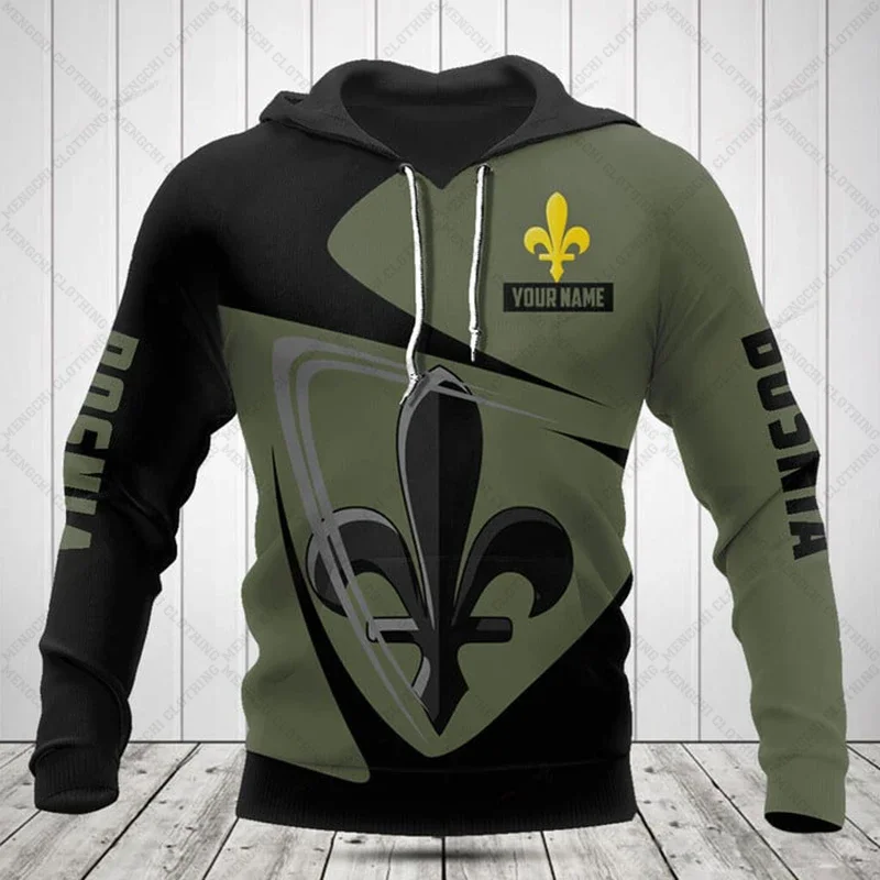 

Custom Name Bosnia Lily Emblem Olive Hoodies Loose Unisex Pullover Sweatshirts Autumn and Winter Casual Tops Outdoor Streetwear