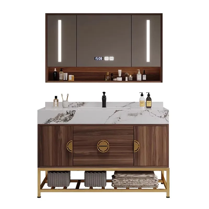 

Modern simple new Chinese rock slab bathroom cabinet Floor-to-ceiling washbasin cabinet Light luxury wash bathroom cabinet