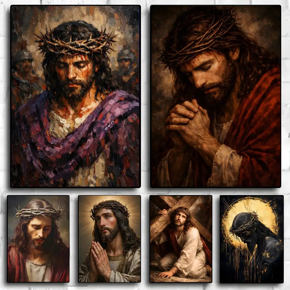 Art Jesus Christ with Crown of Thorns Poster Poster Self-adhesive Art Waterproof Paper Sticker Coffee House Bar Room Wall Decor
