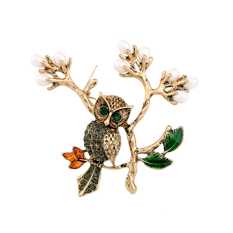 Fashion Jewelry Retro Alloy Pearl Crystal Cute Owl Exaggerated Lady Brooch