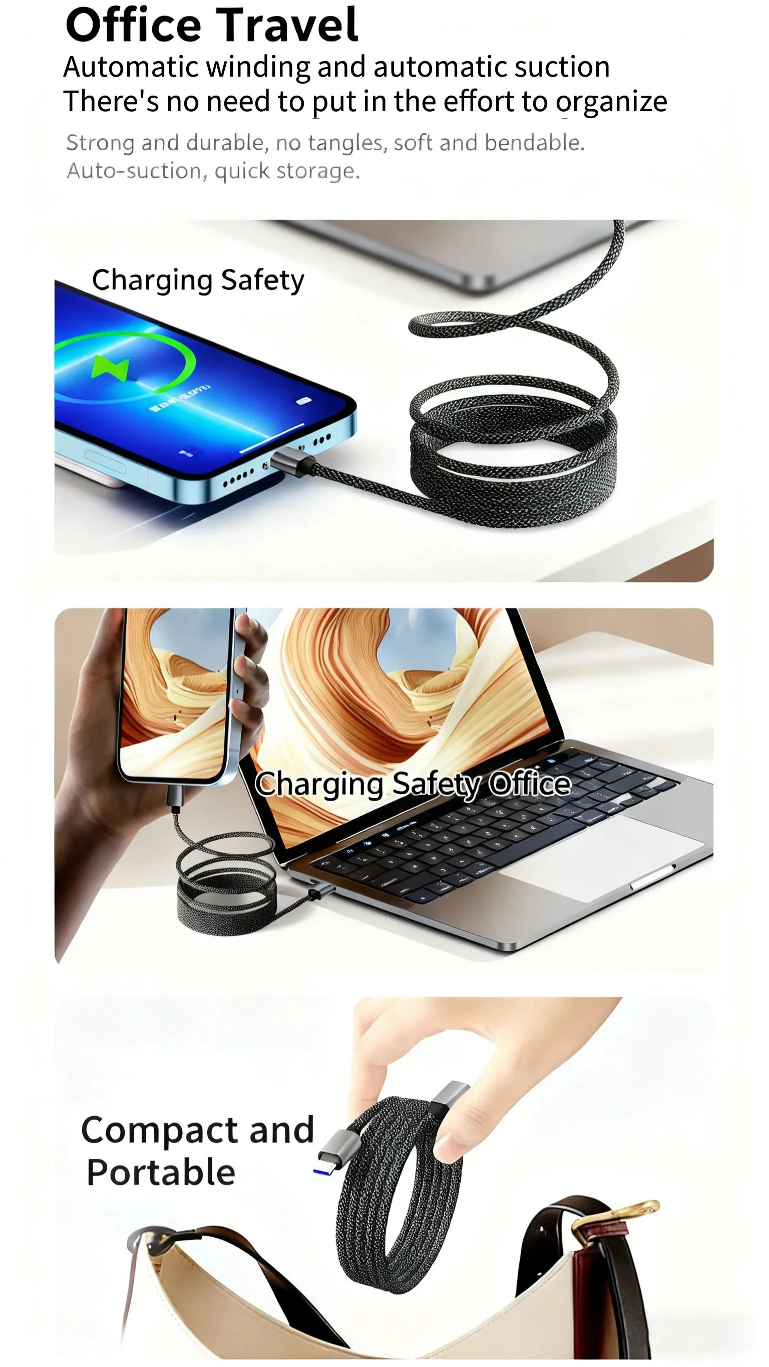 65W Magnetisches USB-C-auf-Typ-C-Ladekabel, Nylon-Geflecht, Anti-Wickel-Datenkabel, schnelles Laden 3.0 für iPhone, Samsung, Huawei – Detail 7