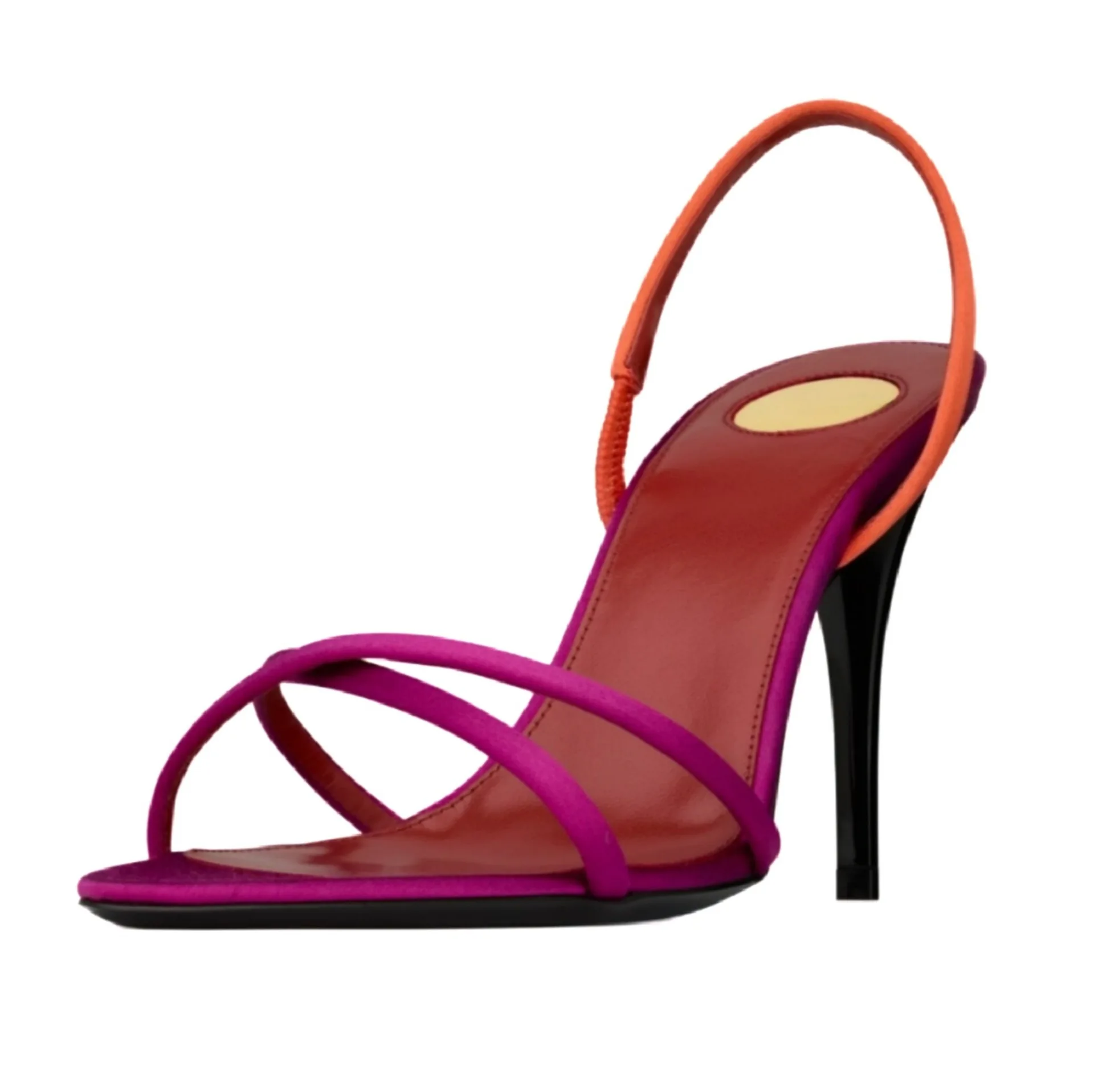 Women's Color Block Satin Crisscross Strap Slingback Stiletto Sandals Open Square Toe Thin High Heels Two‑Tone view 2