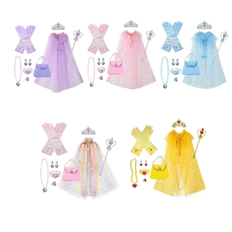 Princess Mesh Sequin Cloak Shawl Fairy Gauze Cape Crown Handbag Set Birthday Party Queen Cosplay Costume Magic Wand Accessories