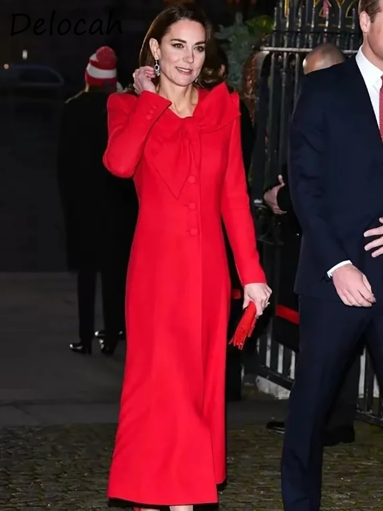 

Delocah High Quality Autumn Women Fashion Designer Red Midi Dress Kate Middleton Long Sleeve Bow Elegant Party A-Line Dresses