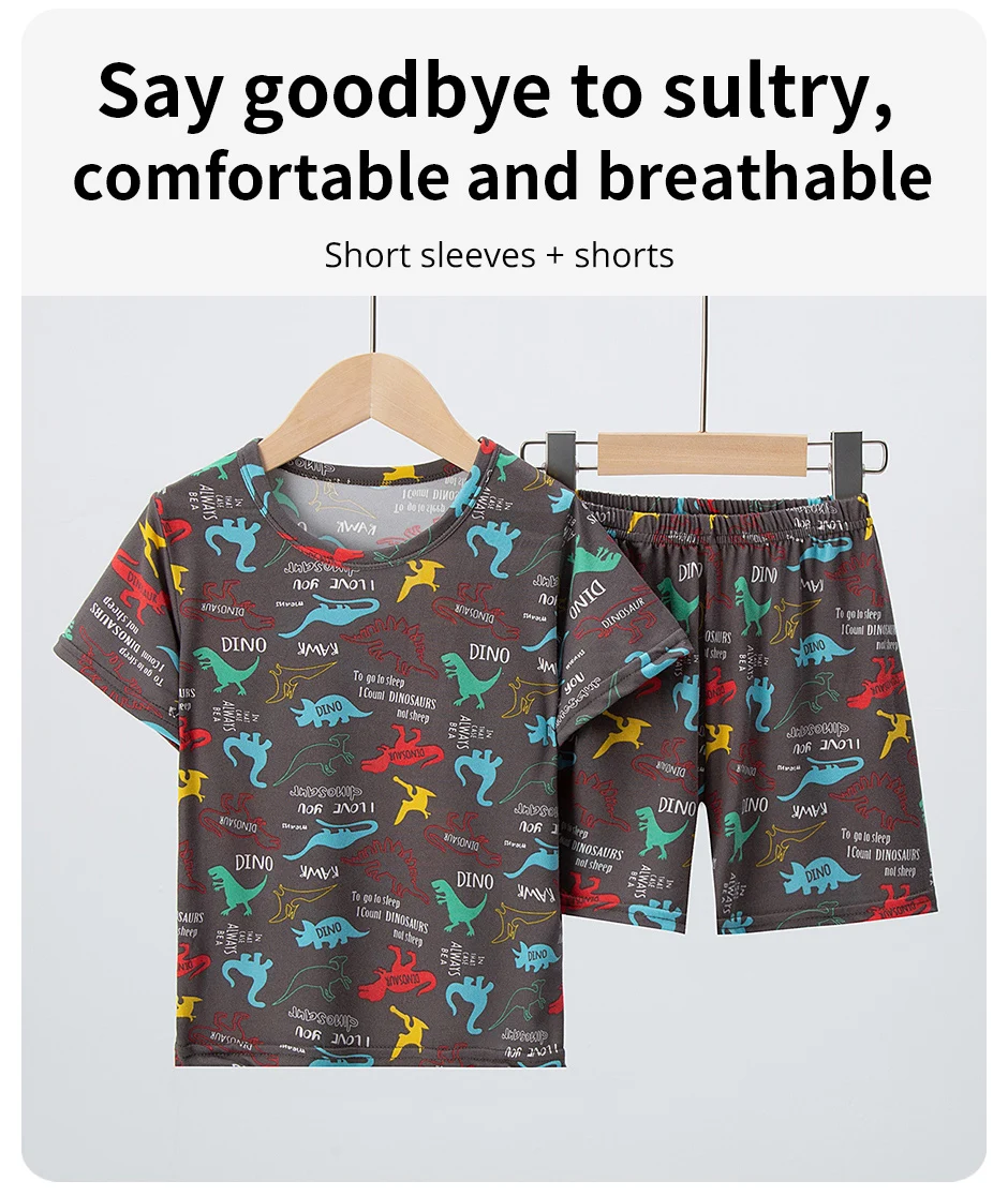 2-teilige Sommer-Kinder-Spaß-bedruckte Shorts mit kurzen Ärmeln, Anzug für Jungen, buntes Dinosaurier-Top, Mädchen, süß und schön, elastische Taille, kurz – Detail 5