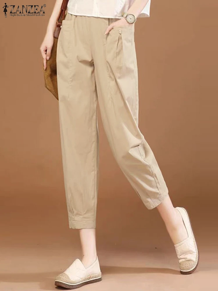 

ZANZEA Vintage Women Harem Pants 2024 Summer Cropped Long Pants Elastic Waist Casual Trousers Pocket Loose Solid Color Pantalons