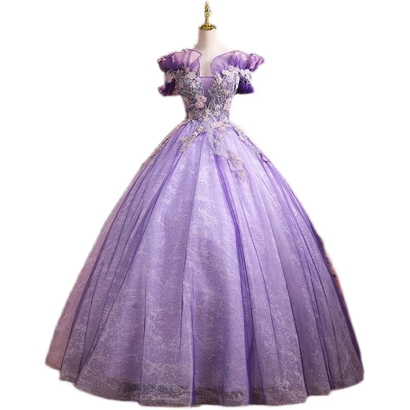 Nueva línea de vestido de princesa Pommel con hombros descubiertos, vestido de cena morado para mujer, otoño