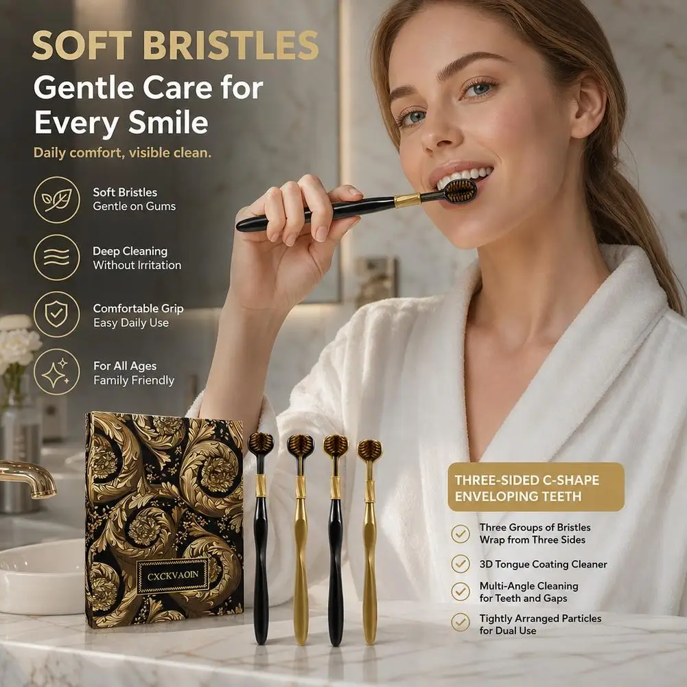 Triple Sided Toothbrush 4pcs Soft Bristles Quick Cleaning Manual Toothbrush Luxury Gold Black C Shaped Oral Care Tool
