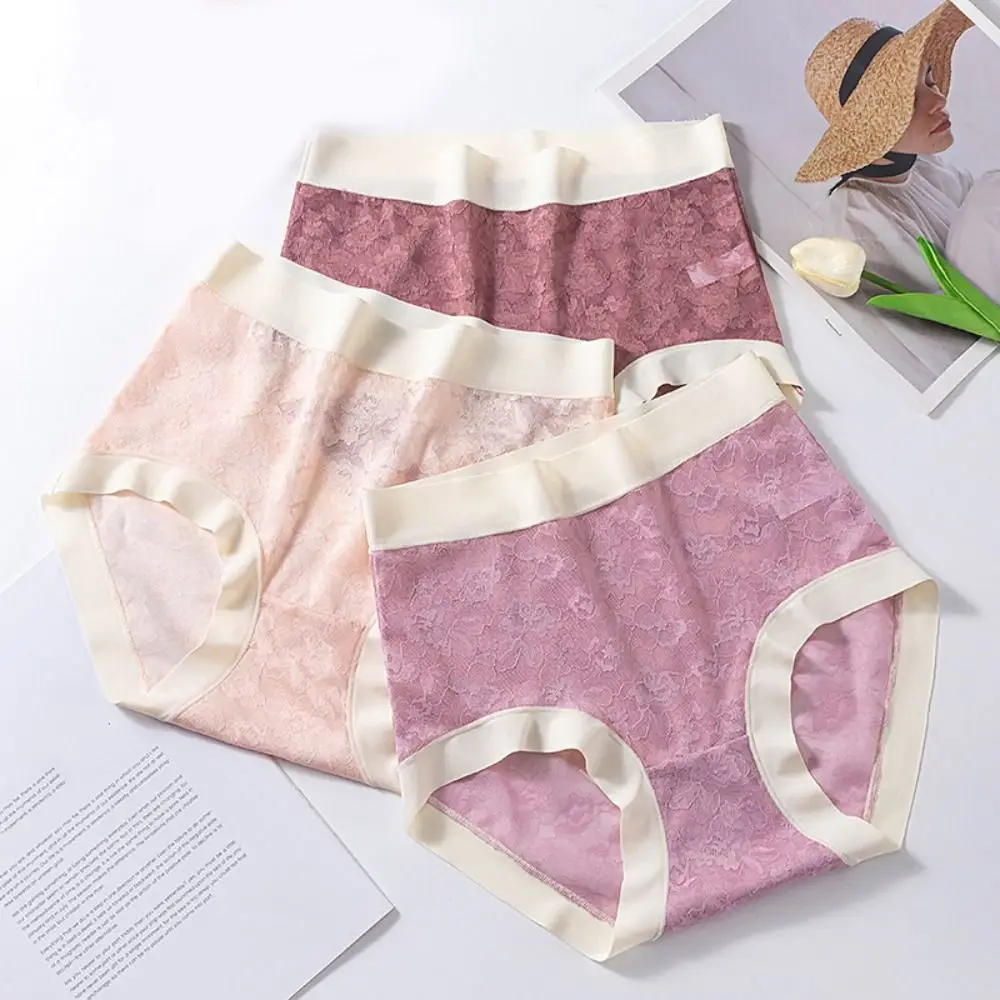

Ice Silk Lace Panties Women Hight Waist Ultra-thin Mesh Flower Briefs Underpants Lady Large Size Seamless Underwear Women