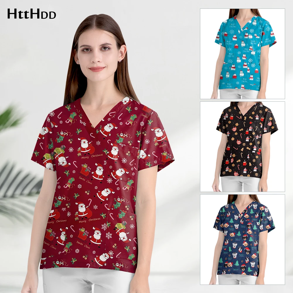 

Women's Medical Clothing Christmas Uniform Print Dental Scrub Unisex Beauty Salon Pharmacy Uniform Short Sleeved Soft Scrubs Men