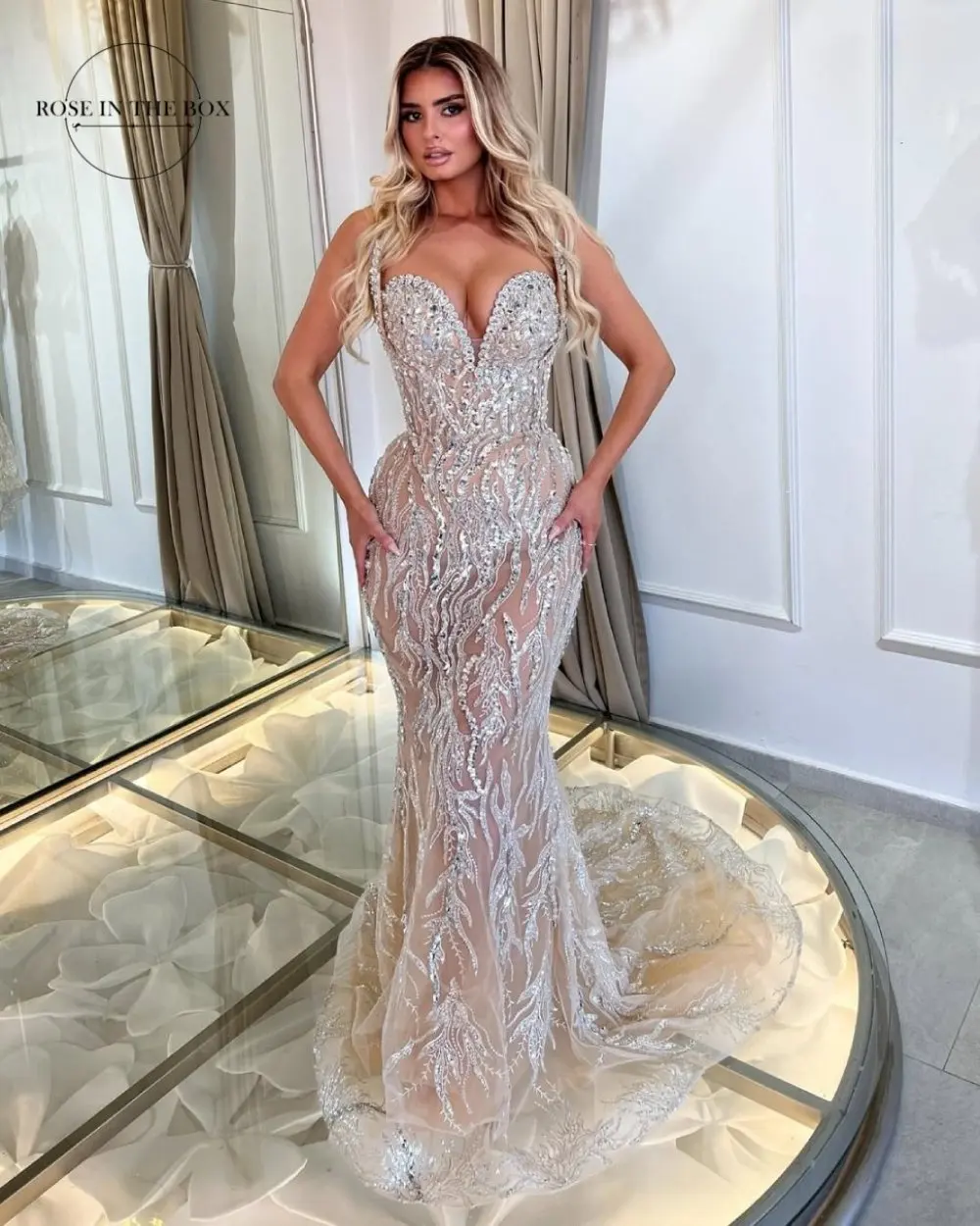 

ROSEINTHEBOX Mermaid Customized Crystal-embellished Evening Dresses for Women Strapless Corset Long Cocktail Party Dress Formal