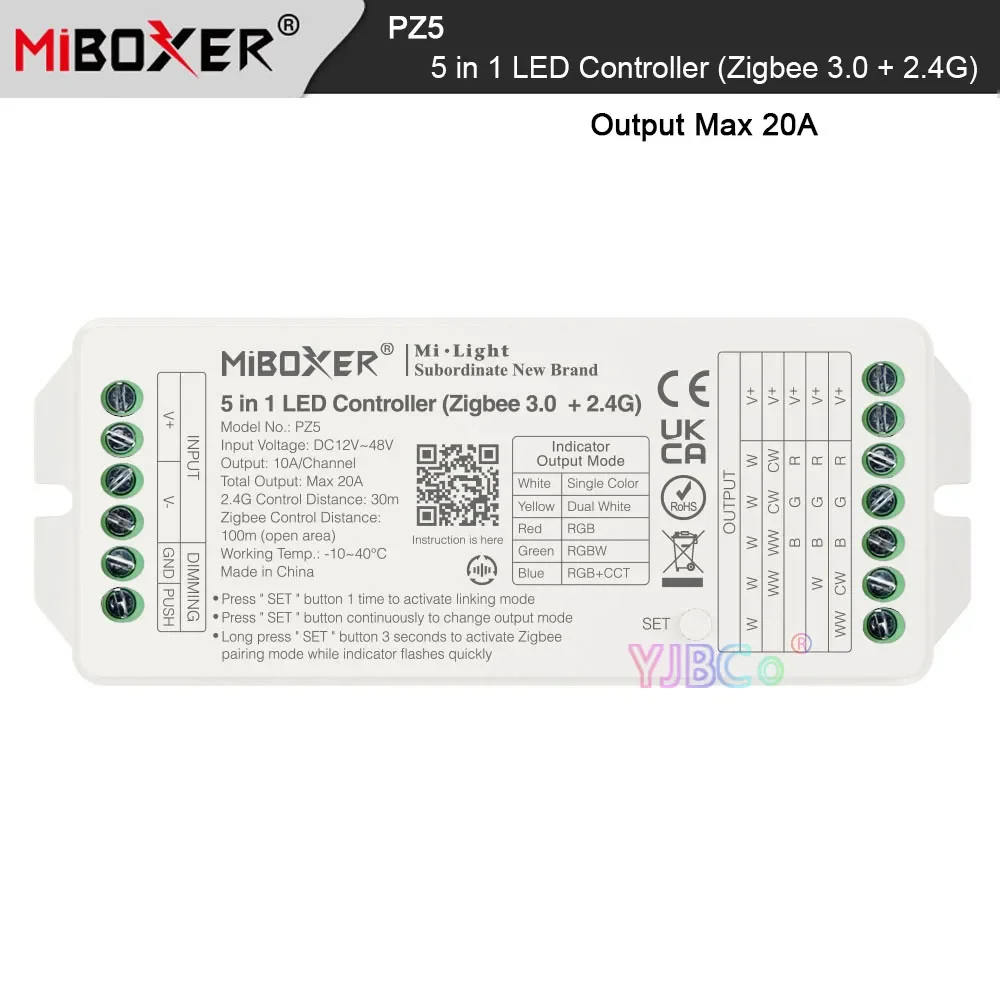 

Miboxer Zigbee 3.0+2.4G 5 in 1 LED Controller PZ5 12V~48V 24V Max 20A Single color/Dual white/RGB/RGBW/RGB+CCT LED strip dimmer