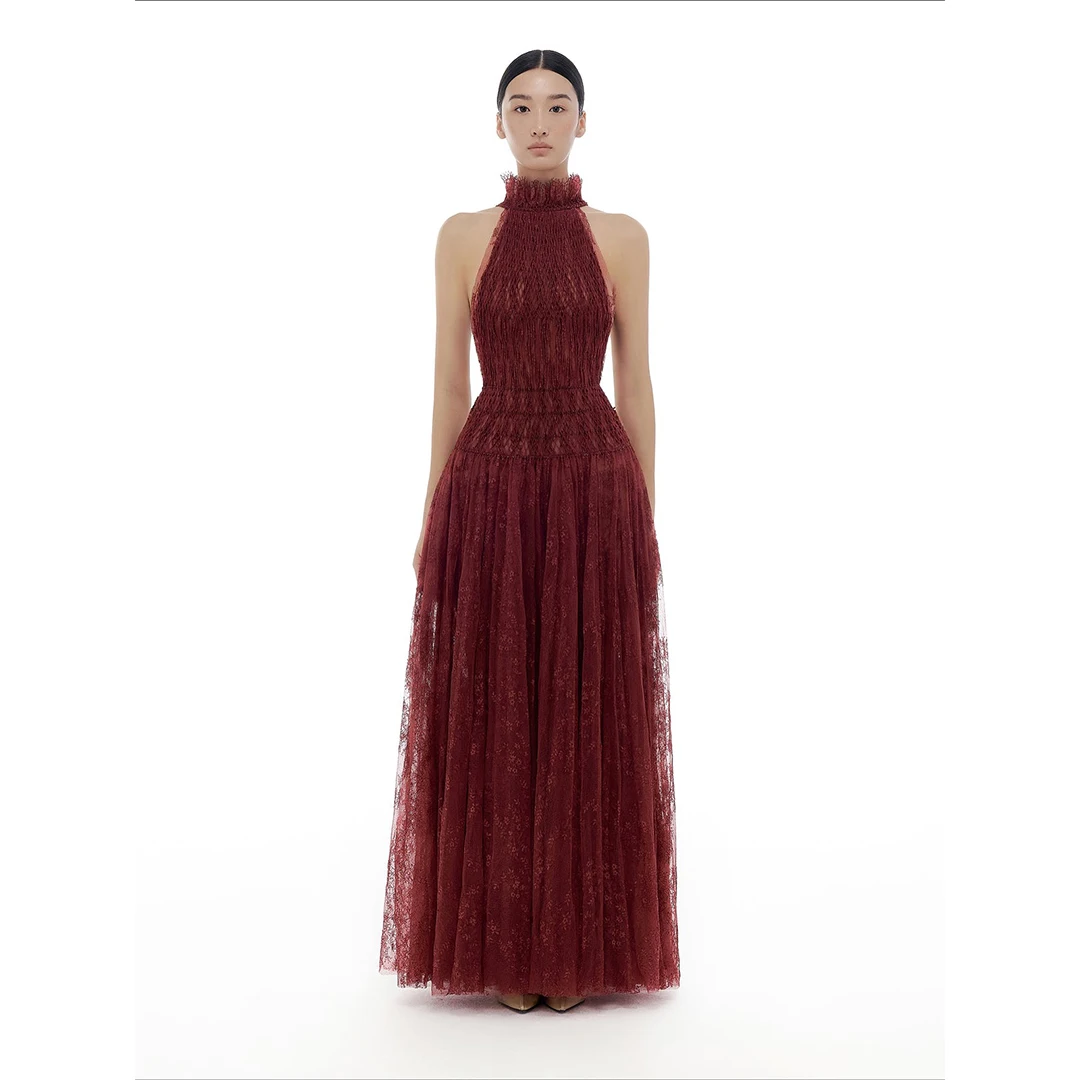 リアルイメージ バーガンディ ハイネック ストレート イブニングドレス バックレス レース オーバーレイ ウェディング カクテル パーティー ドレス トレンド ロングドレス