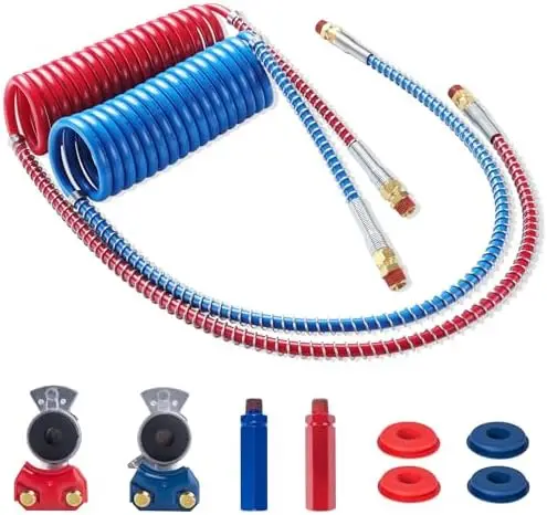 

Комплект спиральных шлангов для пневматических тормозов грузовиков - 1/2" NPT, сине-красный шланг-пигтейл, 15' x 40", фитинги DOT, соединительные муфты и уплотнители