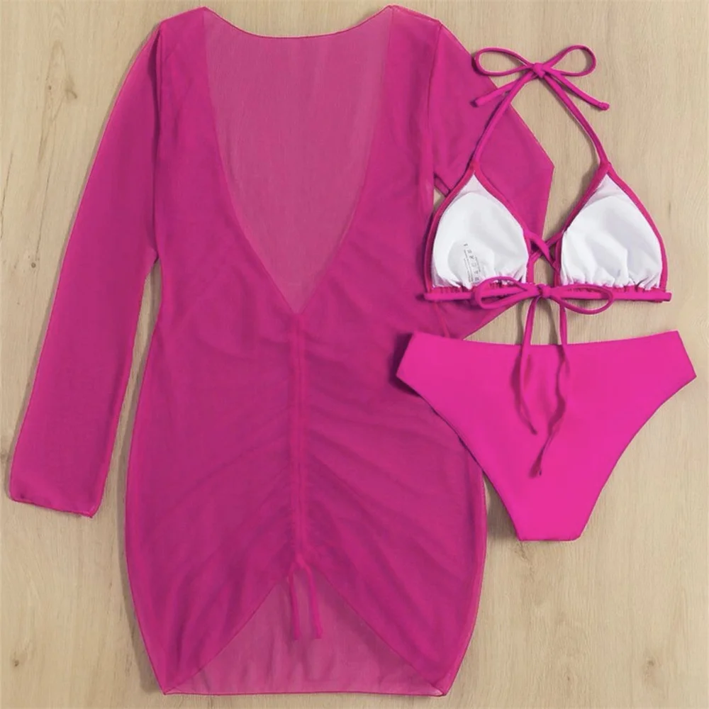 Neon Green Bikini Micro String Swimsuit Sheer Mesh Cover Up Long Sleeve Brazil Beach Outfit Women Vacation Swimwear Bathing Suit